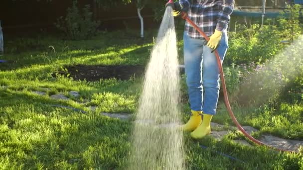 Jonge vrouw besproeit planten in haar tuin met tuinslang. Hobby-concept — Stockvideo