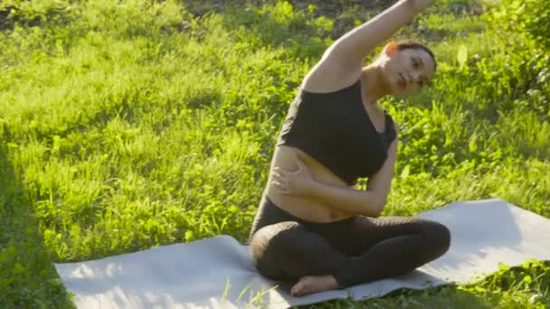 Concepto de maternidad y embarazo. Joven mujer embarazada sentada en la hierba haciendo ejercicio de fitness o yoga en el soleado día de verano — Vídeo de stock