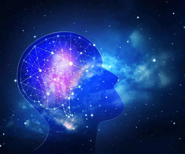 Konzept Der Menschlichen Intelligenz Mit Menschlichem Gehirn Hintergrund Des Universums — Stockfoto