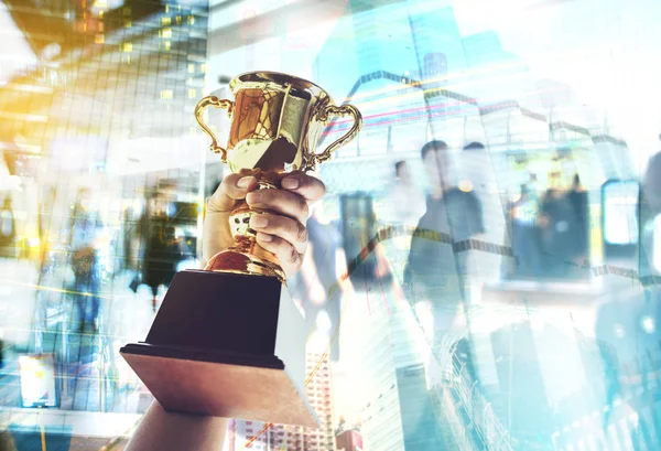 Win Concept Man Holding Gold Trophy Cup Winner Competition Cityscape — Stock Photo, Image