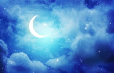 Gece gökyüzü manzarası ve ay, yıldızlar, Ramazan Kareem kutlaması