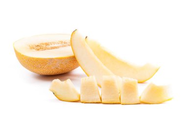 Olgun sulu kavun tropikal meyve yaz saati üzerinde beyaz bir adam izole, dilimlenmiş