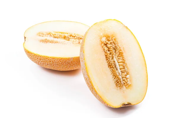 Napůl Zralé Šťavnatý Meloun Tropické Ovoce Letní Době Izolovaných Bílém — Stock fotografie