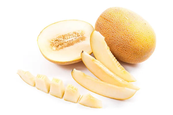 Ganze Halbe Und Scheiben Geschnittene Reife Saftige Tropische Melonen Früchte — Stockfoto
