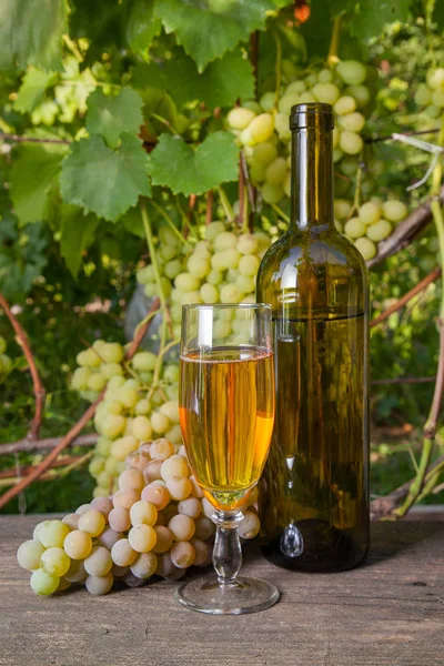 Copo Vinho Branco Com Cacho Uvas Garrafa Com Vinho Sobre — Fotografia de Stock