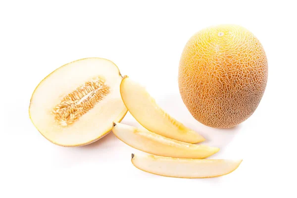 Ganze Halbe Und Scheiben Geschnittene Reife Saftige Tropische Melonen Früchte — Stockfoto