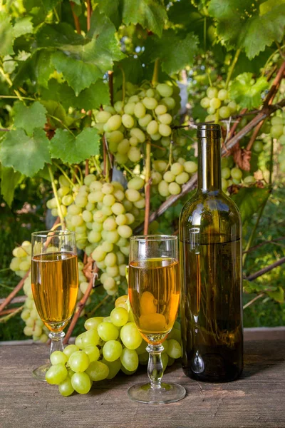 Dois Copos Vinho Branco Com Cachos Uvas Garrafa Vinho Fundo — Fotografia de Stock