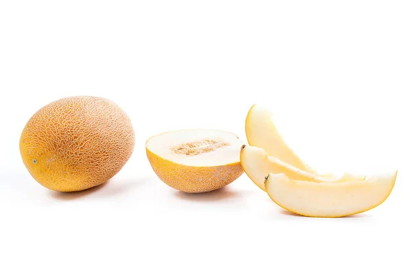 Ganze Halbe Und Scheiben Geschnittene Reife Saftige Tropische Melonen Früchte — Stockfoto