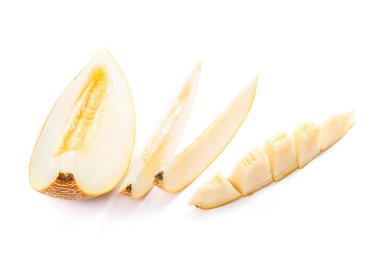 Olgun sulu kavun tropikal meyve yaz saati üzerinde beyaz bir adam izole, dilimlenmiş