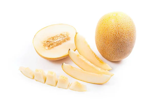 Ganze Halbe Und Scheiben Geschnittene Reife Saftige Tropische Melonen Früchte — Stockfoto