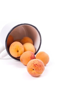 Hasat olgun kayısı beyaz Kupası grup ve beyaz arka plan üzerinde izole bütün ve yarıya kayısı. Sağlıklı gıda kavramı. Hasat zamanı