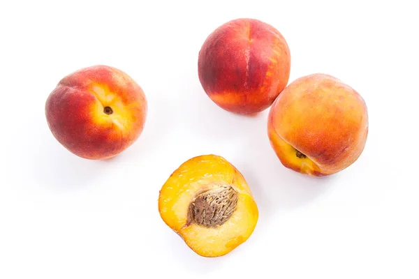 Several Whole Sweet Juicy Peach Fruit Half Isolated White Backgroun — Stock Photo, Image