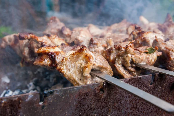 Metal şiş üzerinde yemek ızgara kebap. Şaşlık küpleri et mangal üzerinde kömür açık havada yemek sırasında şiş üzerinde yapılmış. Panjur kömür ve alev, piknik, sokak gıda