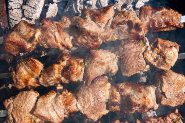 Metal şiş üzerinde yemek ızgara kebap. Şaşlık küpleri et mangal üzerinde kömür açık havada yemek sırasında şiş üzerinde yapılmış. Panjur kömür ve alev, piknik, sokak gıda