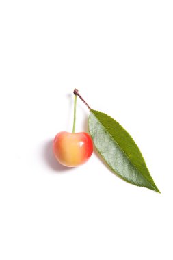 Sarı tatlı kiraz yaprak yeşil ile üzerine beyaz izole