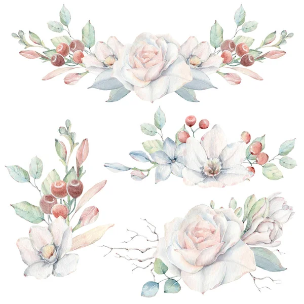 Handpainted Watercolor Flowers Set Vintage Style Perfect Greeting Cards Wedding — Stock Photo, Image
