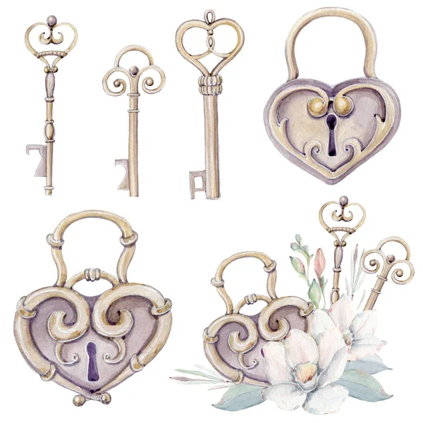 Suluboya Vintage Kilit Anahtarları Ile Ayarla Mükemmel Düğün Tasarım Sevgililer — Stok fotoğraf