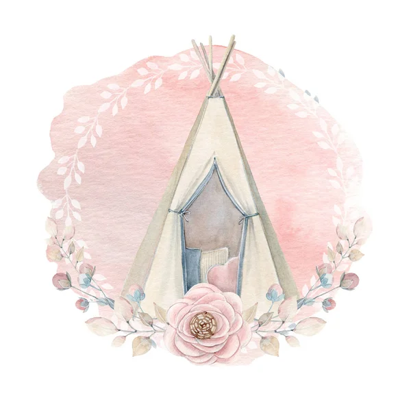 Clipart Infância Aquarela Crianças Wigwam Estilo Boho Aquarela Isolada Perfeito — Fotografia de Stock