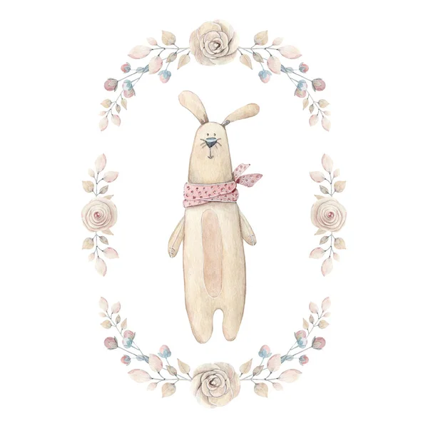 水彩童年剪贴画 老式的水彩兔子在椭圆形的框架 水彩隔离 完美的邀请 新生儿或贺卡 — 图库照片