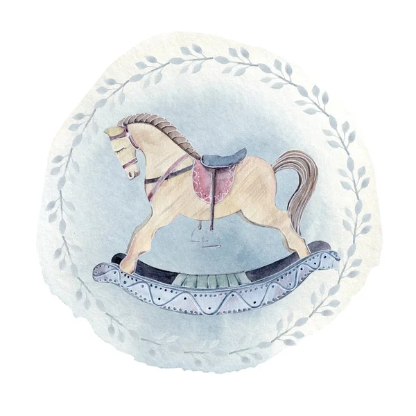 Clipart Akvarel Dětství Dřevěný Houpací Kůň Akvarel Samostatný Ideální Pozvání — Stock fotografie