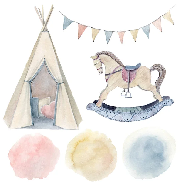 Watercolor Childhood Clipart Wooden Rocking Horse Watercolor Isolated Perfect Invitation — Stock Photo, Image
