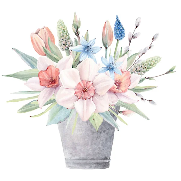 Acuarela Flores Primaverales Ambientadas Estilo Vintage Perfecto Para Tarjetas Felicitación —  Fotos de Stock