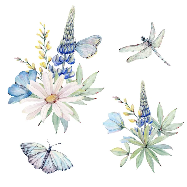 Handpainted Watercolor Country Flowers Set Vintage Style Perfect Greeting Cards — 스톡 사진