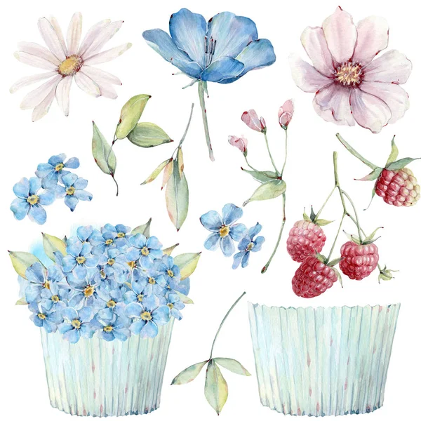 Handpainted Watercolor Country Flowers Set Vintage Style Perfect Greeting Cards — 스톡 사진