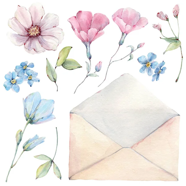 Handpainted Watercolor Country Flowers Set Vintage Style Perfect Greeting Cards — 스톡 사진