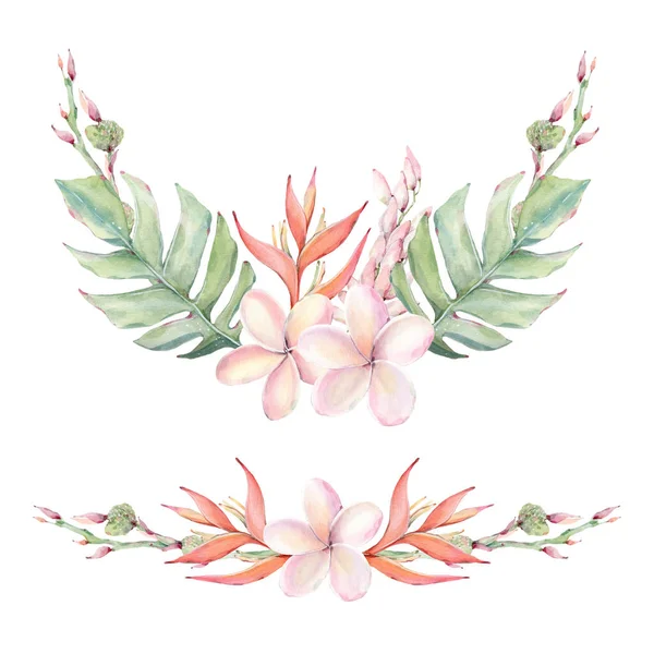 Handpainted Watercolor Tropical Flowers Set Vintage Style Perfect Greeting Cards — 스톡 사진