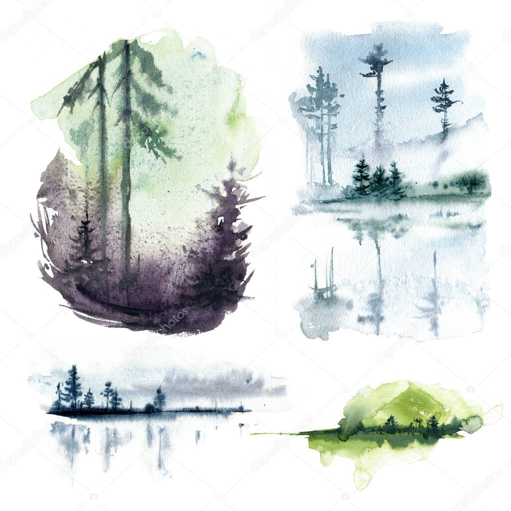 Wtarcolor trees and forest illustration. Siberai, Canada, Finland, nordic. Forest landscape.
