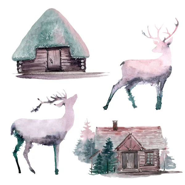 Watercolor Deers Forect Houses — Stok Foto