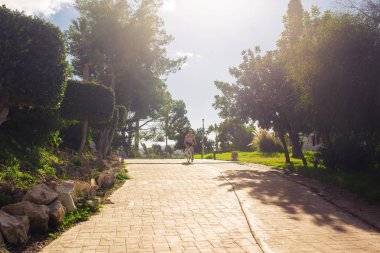 Genç bir adam bir parkta Bisiklete binmek