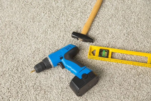 Little Hammer Blue Drill Builders Level Floor — Stock Photo, Image