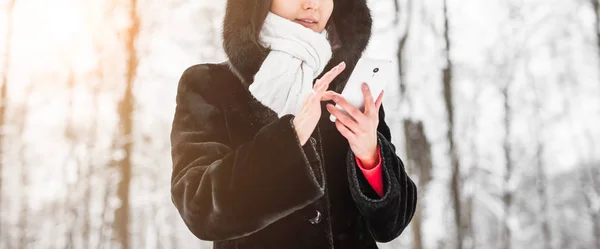 Mujer Joven Con Teléfono Inteligente Copos Nieve Paisaje Invierno Fondo — Foto de Stock