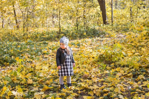 Οικογένεια, παιδιά και εποχή έννοια - κοριτσάκι ευτυχισμένο παιδί περίπατο στο πάρκο φθινόπωρο — Φωτογραφία Αρχείου