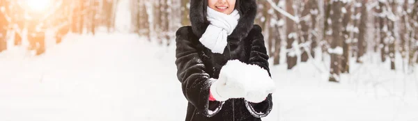 Primer plano de la mujer sosteniendo la bola de nieve en las manos, concepto de invierno con espacio de copia — Foto de Stock