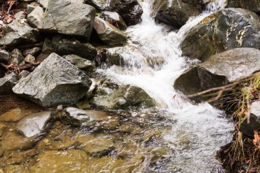 Kayalar ve Kıbrıs Troodos Dağları yapraklarda sonbahar şelale