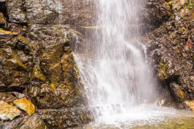 Kayalar ve Kıbrıs Troodos Dağları yapraklarda sonbahar şelale