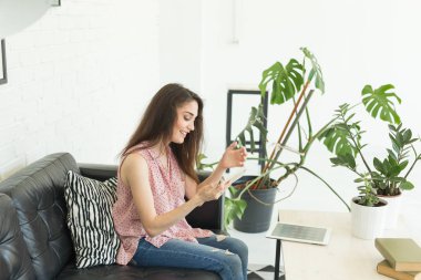 İnsanlar, teknoloji ve iletişim kavramı - evde kanepede otururken smartphone tutan genç kadın