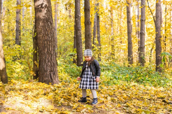 Infância, queda, conceito de pessoas - a menina que anda em folhas de outono . — Fotografia de Stock