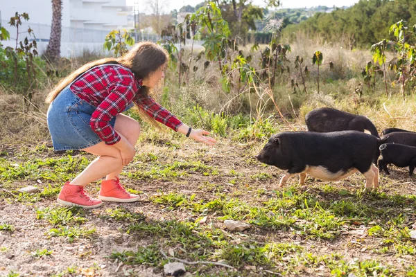 Glad ung kvinna leker med lite vildsvin på naturen. — Stockfoto