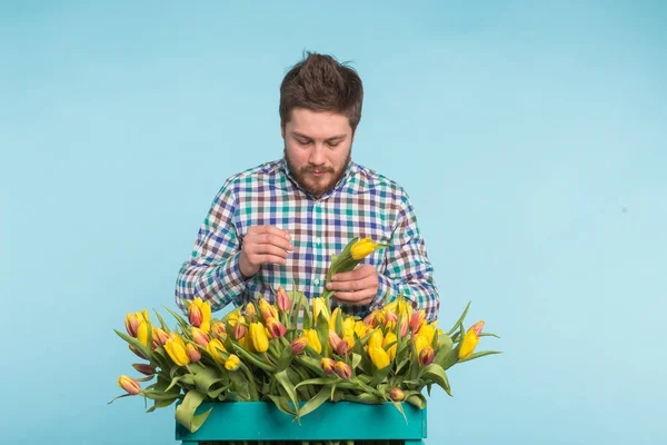 Handsome man fixing a bouquet of flowers on blue background — Stock Photo, Image