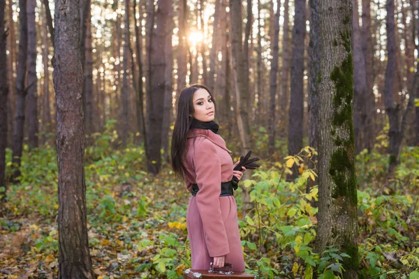 Temporada, outono e conceito de pessoas - Retrato de uma bela mulher morena na natureza do outono — Fotografia de Stock