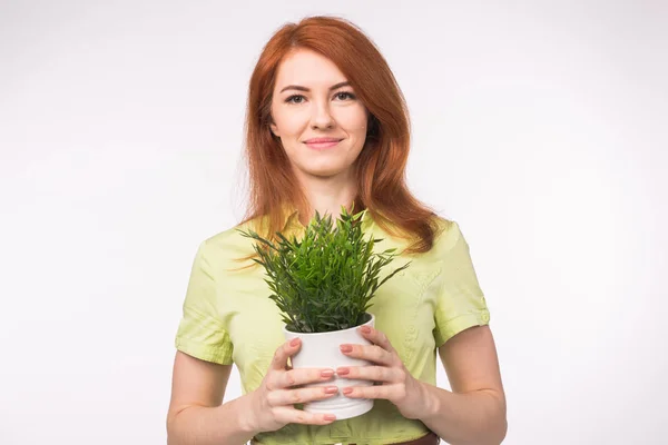 흰색 바탕에 식물 냄비를 들고 아름 다운 빨간 머리 여자 — 스톡 사진