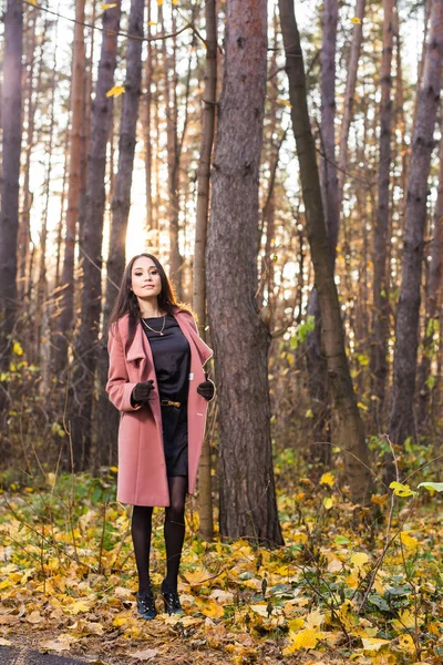 Herfst, seizoen en mensen concept - jonge brunette vrouw in park in het najaar — Stockfoto