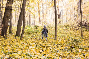 Çocuklar, düşmek, millet kavramı - sonbahar Park'ta yürüyordunuz ve sarı yaprakların tutmak genç çocuk
