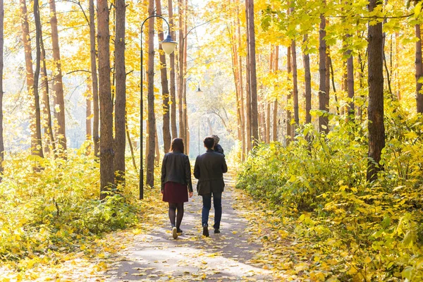 Outono, natureza e conceito de família - caminhada em família no parque de outono, vista traseira — Fotografia de Stock