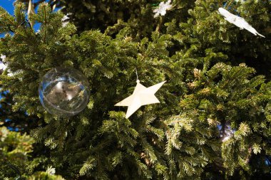 Tatil ve dekorasyon konsepti - açık dallarında topa Noel