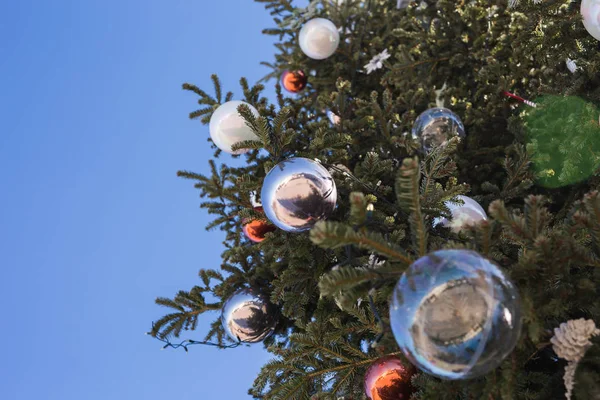 Holidays and decoration concept - Christmas ball on the branches in outdoor